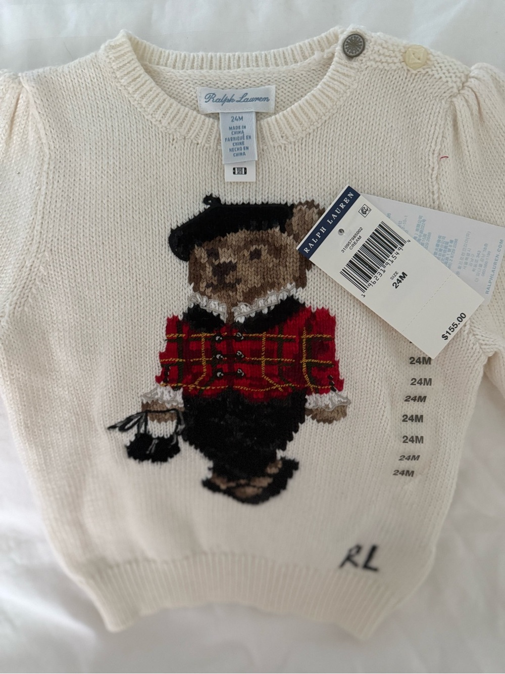 Ralph Lauren Cream Polo Bear Knit Sweater with Red Tartan Jacket